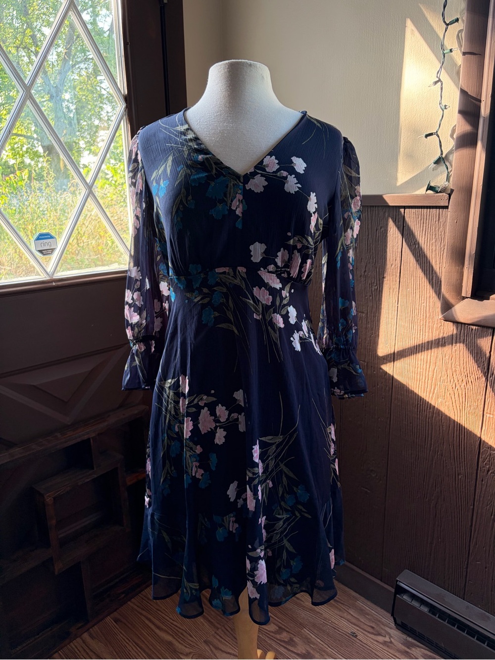 DKNY Floral Dress - V-Neck Long Sleeve Fit-and-Flare Dress